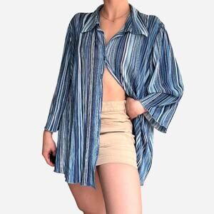 Essence blue striped collared silky button up pleated creped top - fits like M/L